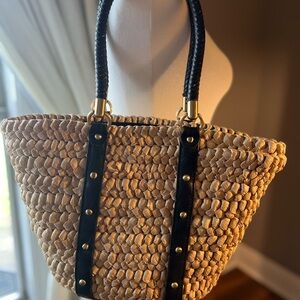 Straw Studios Woven Straw Tote Bag Black Leather Handles Gold Studs Summer Beach